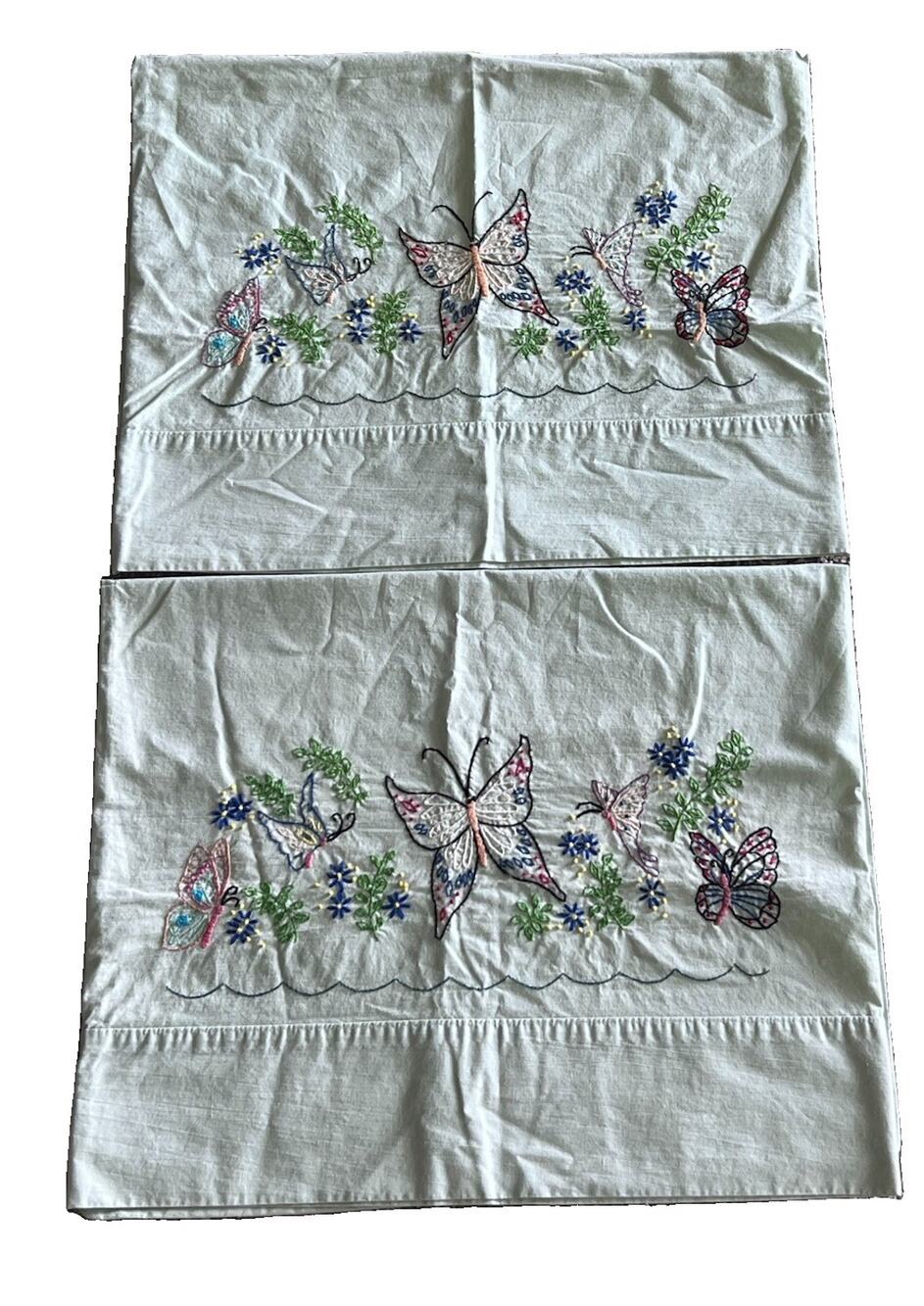 Westpoint Stevens Hand Embroidered Pair Pillowcases Mint Green Butterfly Floral